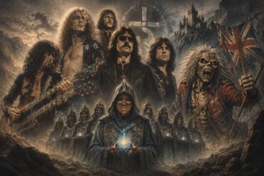 Fantasy-inspired artwork featuring Rock and Metal Bands, musicians, hooded figures, a castle, and a skeletal mascot.