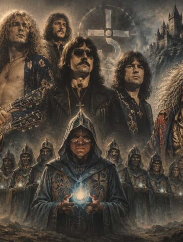 Fantasy-inspired artwork featuring Rock and Metal Bands, musicians, hooded figures, a castle, and a skeletal mascot.