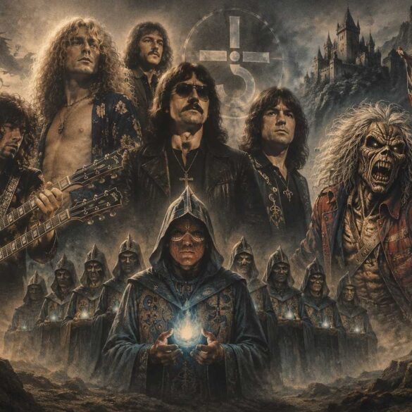 10 Rock and Metal Bands Inspired by Fantasy Books Fantasy-inspired artwork featuring Rock and Metal Bands, musicians, hooded figures, a castle, and a skeletal mascot.