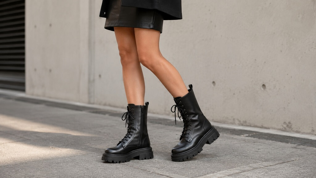 7 Bold Accessories That Give Any Outfit a Rock Edge Woman wearing chunky black combat boots with a short black skirt in an urban setting