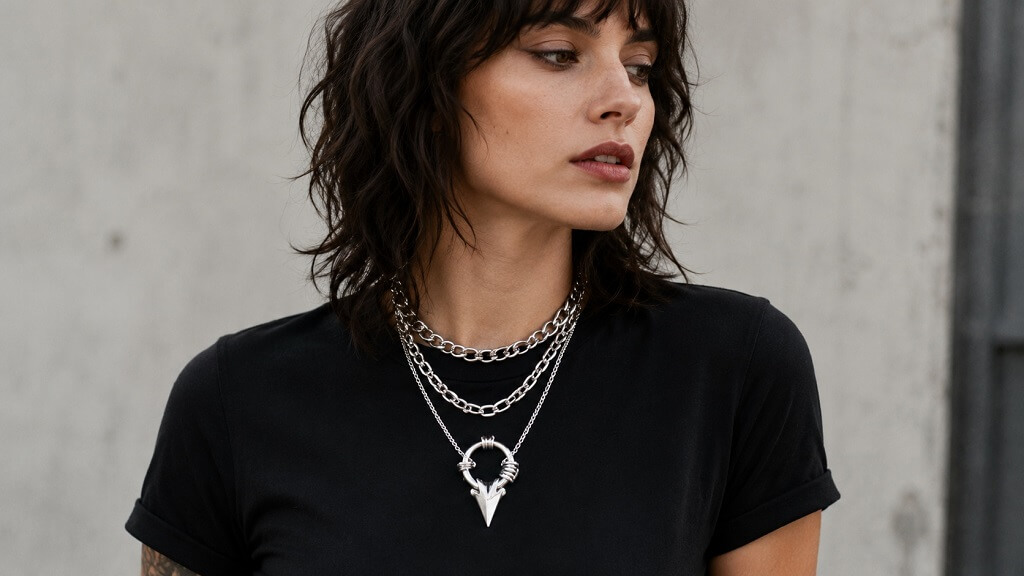 7 Bold Accessories That Give Any Outfit a Rock Edge Woman wearing layered silver chains and a statement necklace over a black T-shirt