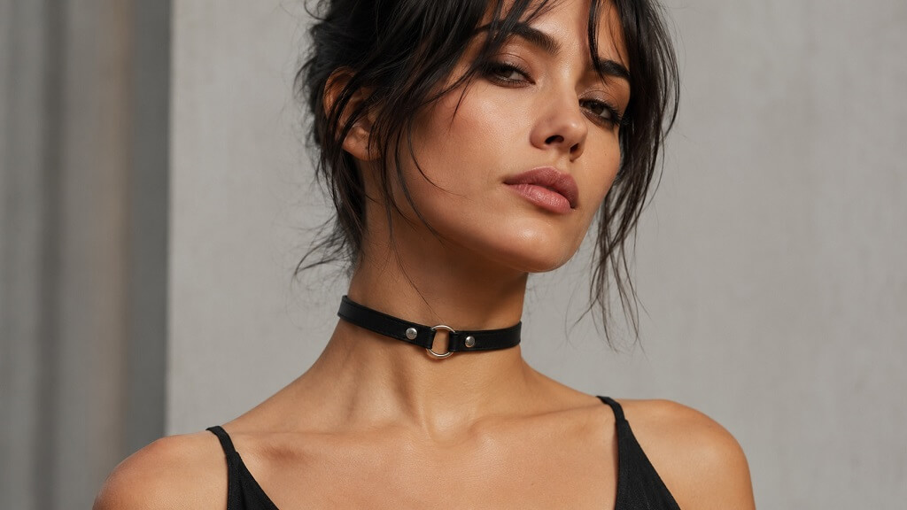7 Bold Accessories That Give Any Outfit a Rock Edge Black leather choker with metal hardware and a simple black top