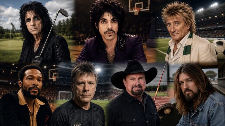 7 Popular Musicians Who Spend Their Free Time Playing Sports Alice Cooper, Prince, Rod Stewart, Marvin Gaye, Bruce Dickinson, Garth Brooks and Billy Ray Cyrus with sports associated with their lives and careers.