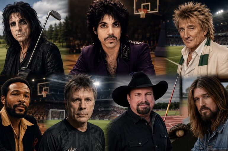 7 Popular Musicians Who Spend Their Free Time Playing Sports Alice Cooper, Prince, Rod Stewart, Marvin Gaye, Bruce Dickinson, Garth Brooks and Billy Ray Cyrus with sports associated with their lives and careers.