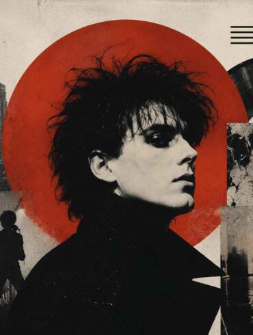 Post-punk inspired collage with musician, vinyl record and urban scenery
