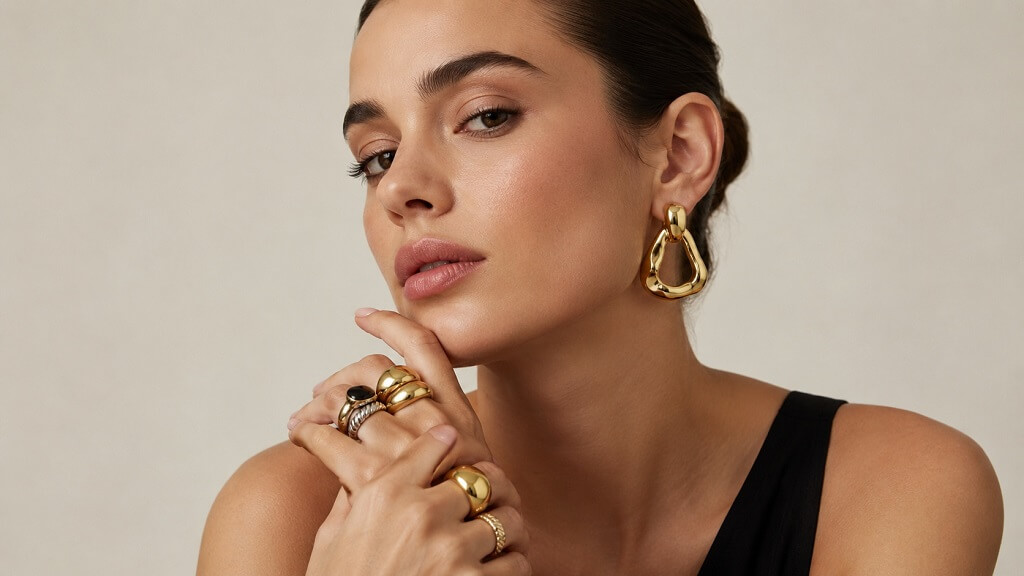 7 Bold Accessories That Give Any Outfit a Rock Edge Stacked statement rings and bold sculptural earrings