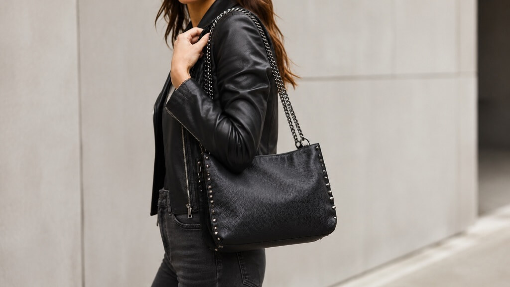 7 Bold Accessories That Give Any Outfit a Rock Edge Woman carrying a black leather bag with chain straps and metal stud details