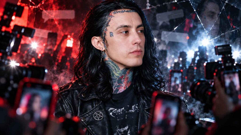 Ronnie Radke Bio - Prison, Escape the Fate and the Rise of Falling in Reverse Ronnie Radke standing among cameras and phones under red and blue lights.