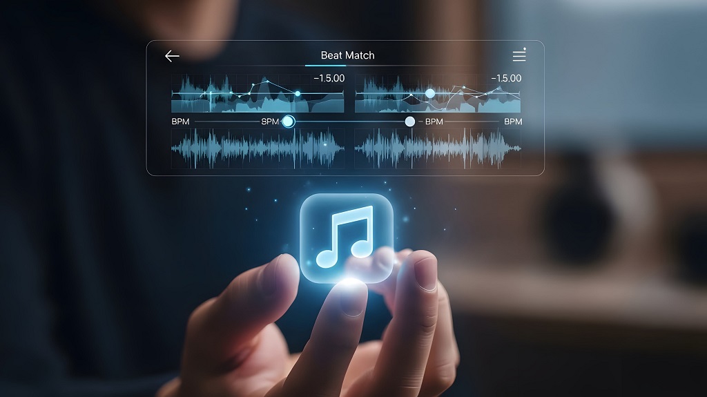 A hand interacts with a futuristic interface showing beat matching waveforms and BPM controls