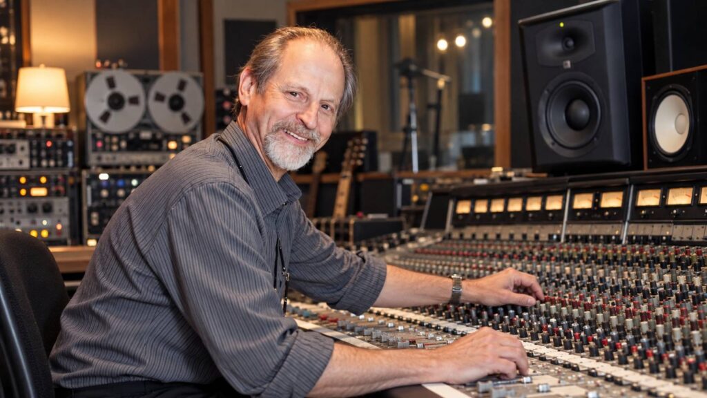 Eddie Kramer seated at a large analog mixing desk.