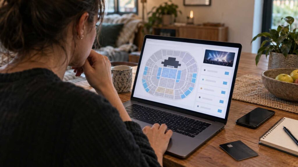 Oasis 2027 Tour Is Official - 38 Dates, Knebworth Return, Ticket Prices and Everything Fans Need to Know Fan viewing a concert seating map on a laptop.