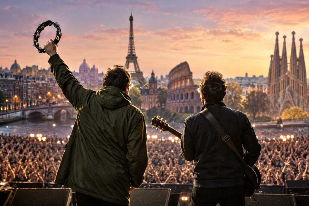Oasis 2027 Tour Is Official - 38 Dates, Knebworth Return, Ticket Prices and Everything Fans Need to Know Oasis performing to a huge European concert crowd.
