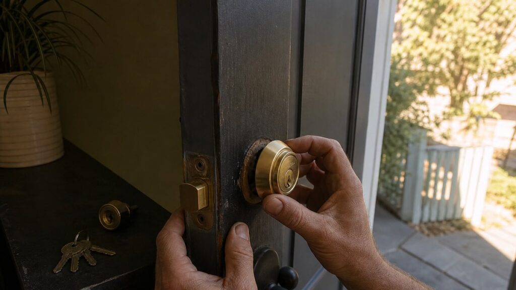 The 10 Essentials to Deal With Right After Buying a House, Design Changes Can Wait Hands installing a new deadbolt on a front door with old keys nearby