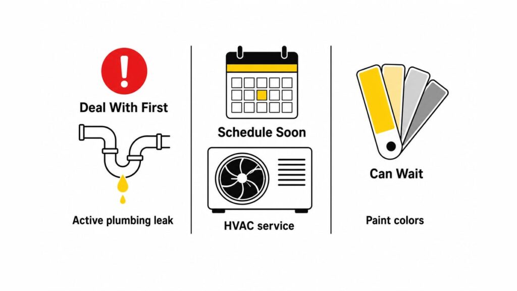 The 10 Essentials to Deal With Right After Buying a House, Design Changes Can Wait Three-column triage board sorting a leak first, HVAC service soon, and paint colors as waiting