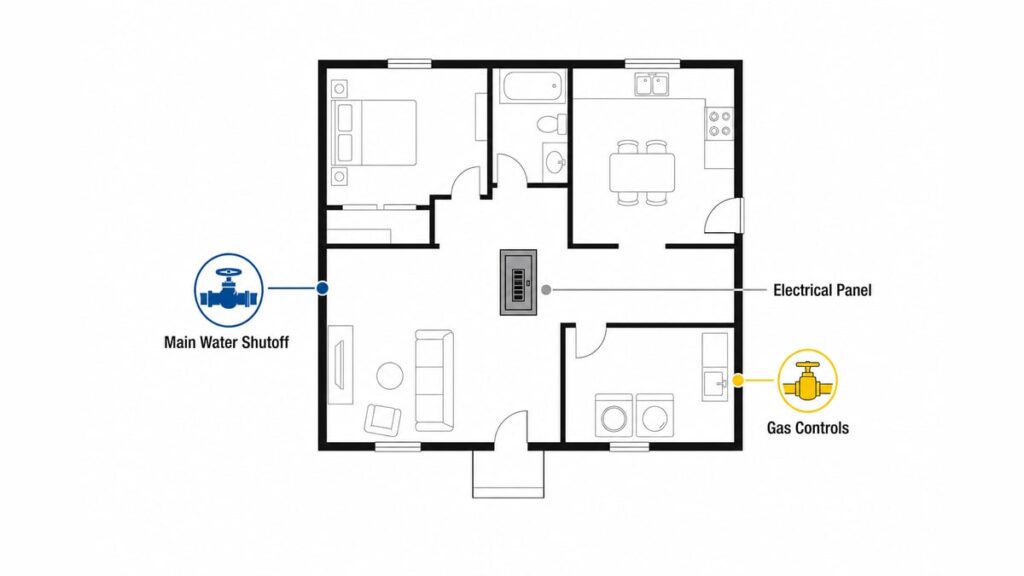 The 10 Essentials to Deal With Right After Buying a House, Design Changes Can Wait Simple home floor plan with labeled icons for water shutoff, electrical panel and gas controls