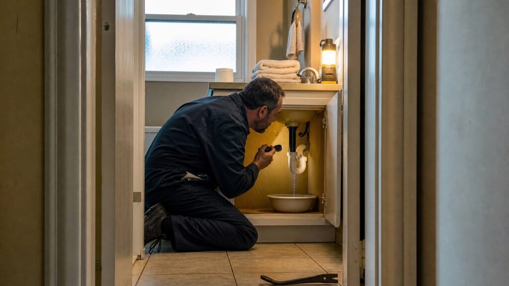 The 10 Essentials to Deal With Right After Buying a House, Design Changes Can Wait Plumber kneeling under a bathroom sink with a bowl catching a drip and a work lamp nearby