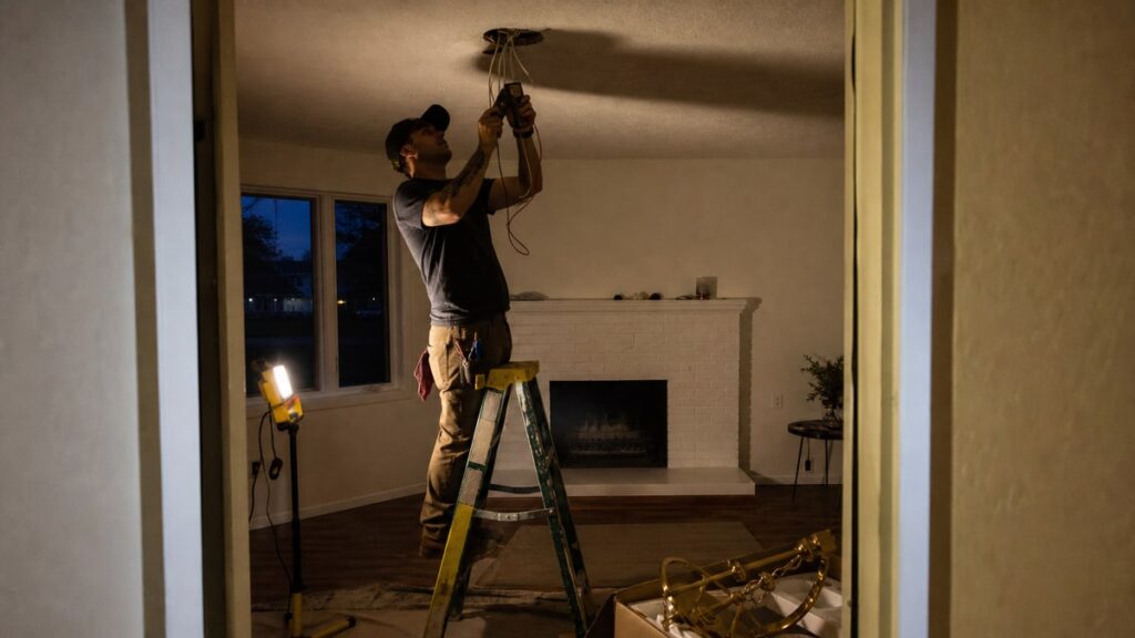 The 10 Essentials to Deal With Right After Buying a House, Design Changes Can Wait Electrician tests ceiling wires while a decorative light fixture waits on the floor