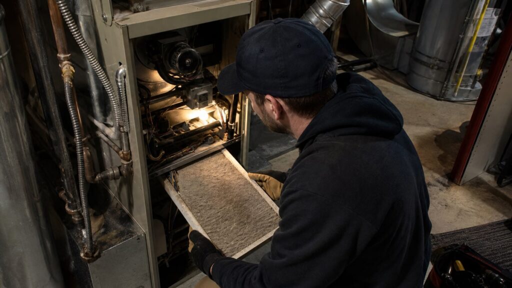 The 10 Essentials to Deal With Right After Buying a House, Design Changes Can Wait HVAC technician kneels beside an open furnace in a basement utility room.