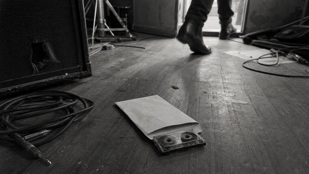 The Biggest Myths About How Famous Rock Bands Were Discovered Unmarked cassette on a rehearsal room floor near cables and a boot