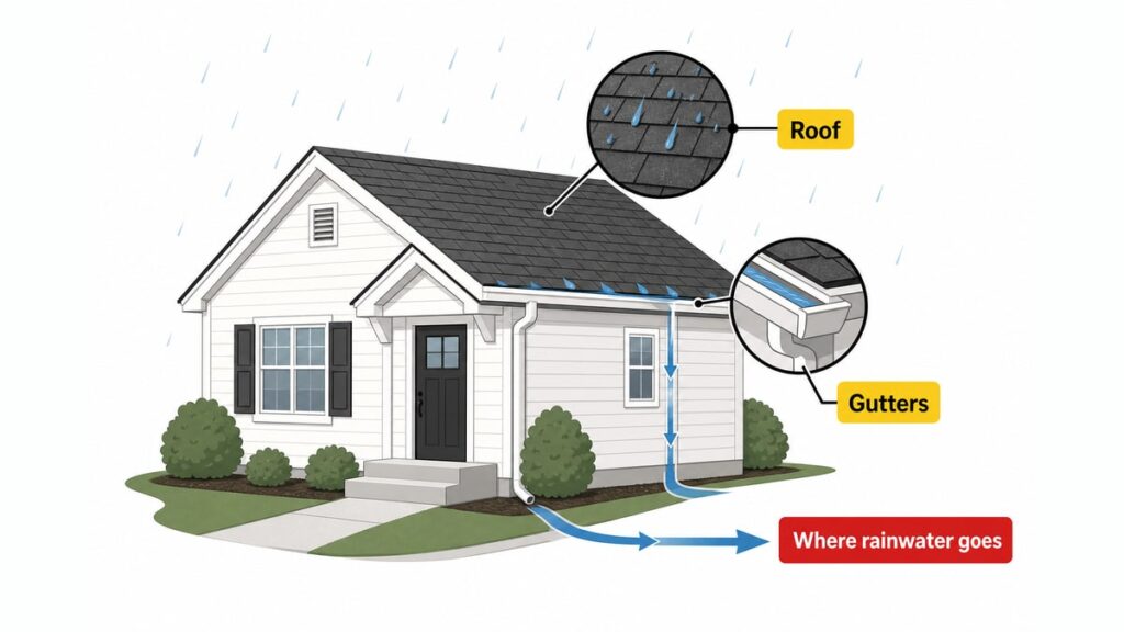 The 10 Essentials to Deal With Right After Buying a House, Design Changes Can Wait House exterior in rain with callouts for roof, gutters and where rainwater goes