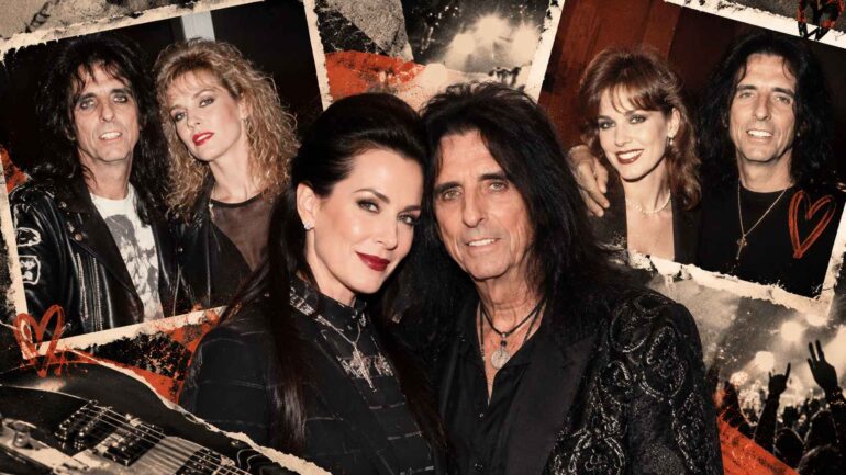 Collage of Alice Cooper and Sheryl Goddard together across different decades.