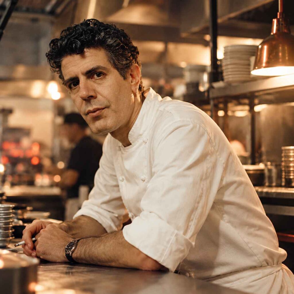 7 Famous Chefs Who Started Their Careers Washing Dishes Anthony Bourdain wearing a white chef's jacket in a warmly lit restaurant kitchen.
