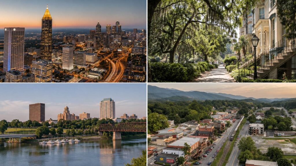 Georgia Real Estate in 2026, Is Now the Right Time to Buy a House? Four-photo collage showing Atlanta, Savannah, Augusta, and a small Georgia mountain town.