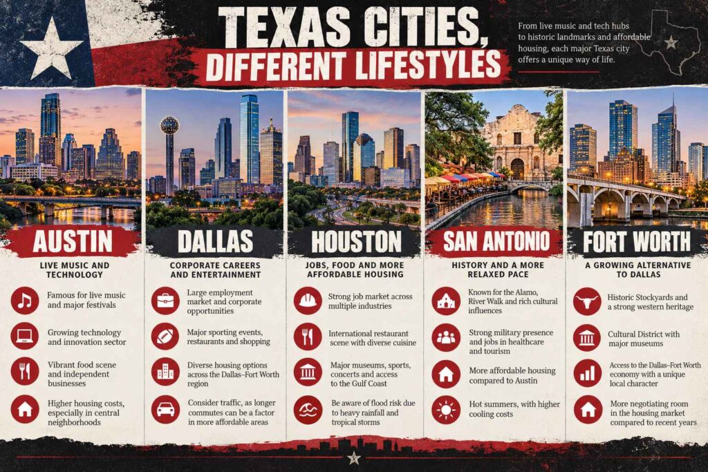 Infographic comparing jobs, housing, entertainment, and lifestyle in Austin, Dallas, Houston, San Antonio, and Fort Worth.