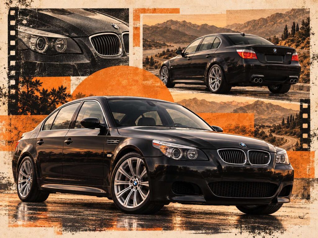 8 Future Classic Cars Worth Buying Before Prices Start Rising Black BMW M5 E60 sedan featured in a retro orange and black automotive collage.