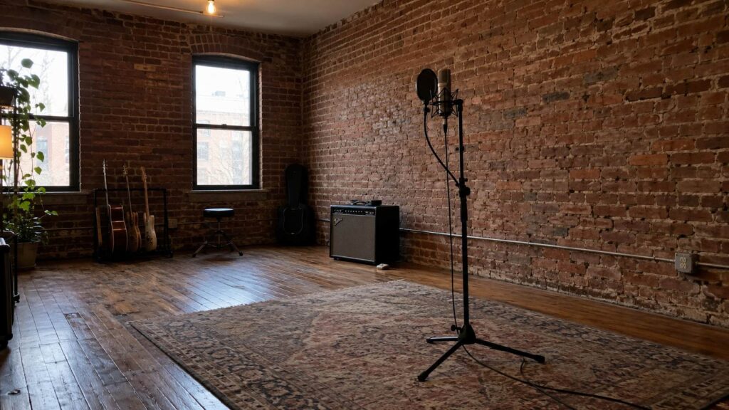 Drywall, Brick, or Concrete: Which Walls Sound Best in a Recording Studio? Recording studio with exposed brick walls, microphone, guitars, and amplifier