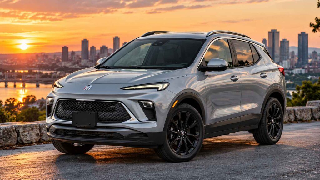 10 Cars Involved in the Most Accidents in America, What the Statistics Reveal Silver Buick Encore GX SUV parked at a scenic city overlook during sunset.