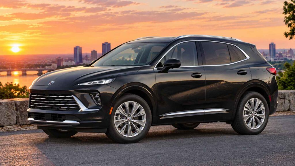 10 Cars Involved in the Most Accidents in America, What the Statistics Reveal Dark gray Buick Envision SUV parked at a scenic overlook beside a lake at sunset.