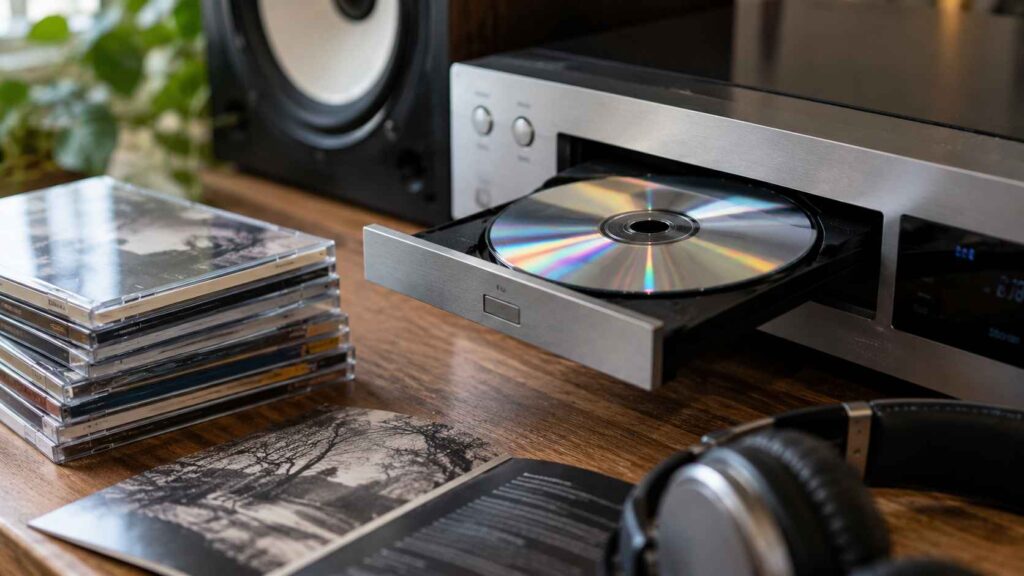 Vinyl vs CD vs Lossless Streaming - Which Format Preserves the Most Detail in Music? Silver CD player with an open disc tray, stacked CD cases, and headphones on a wooden table.