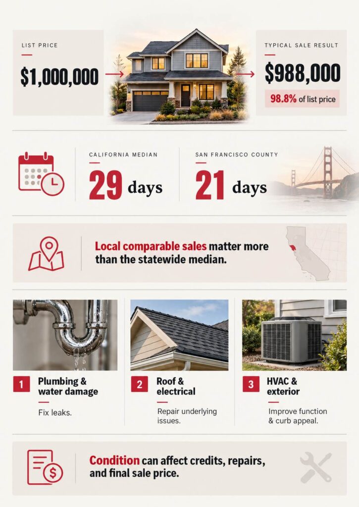 More Than 30% of Homes in California Now Sell for Over $1 Million Infographic showing California home sale prices, average selling times, and repairs that affect property values.