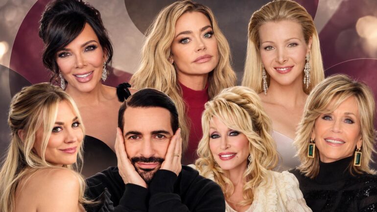 Celebrities collage featuring Kris Jenner, Denise Richards, Lisa Kudrow, Marc Jacobs, Kaley Cuoco, Dolly Parton, and Jane Fonda.