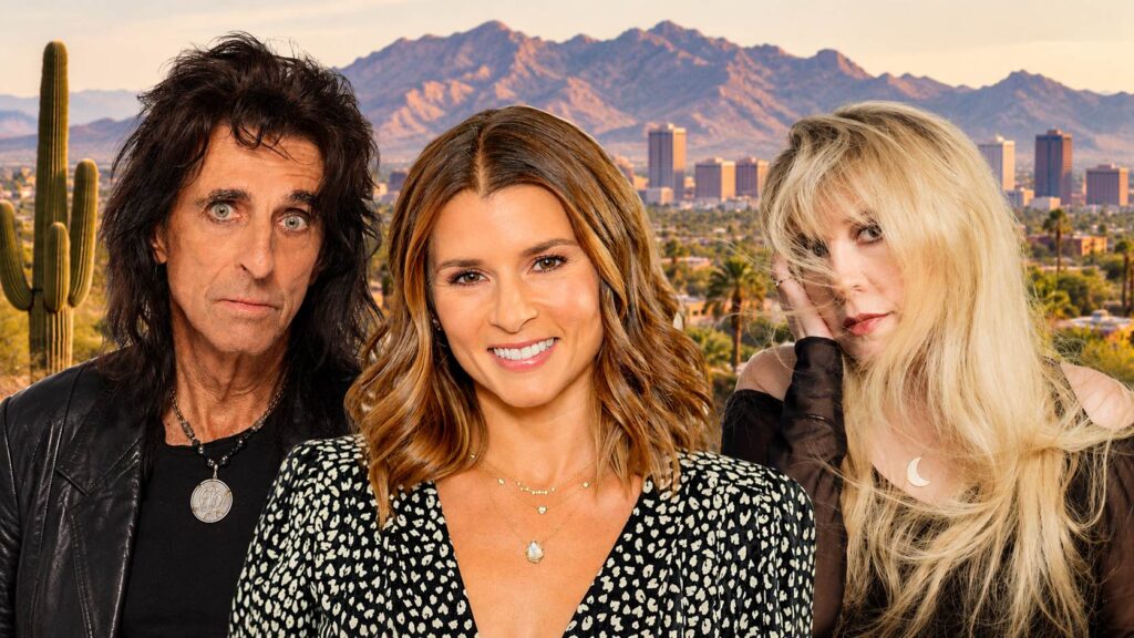 Arizona Housing Market Outlook for 2027, Will Home Prices Keep Falling? Collage featuring Alice Cooper, Danica Patrick, and Stevie Nicks against an Arizona desert and Phoenix skyline backdrop.