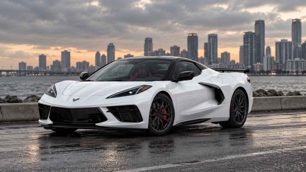 10 Cars Involved in the Most Accidents in America, What the Statistics Reveal White Chevrolet Corvette parked on a wet waterfront road with a city skyline in the background.