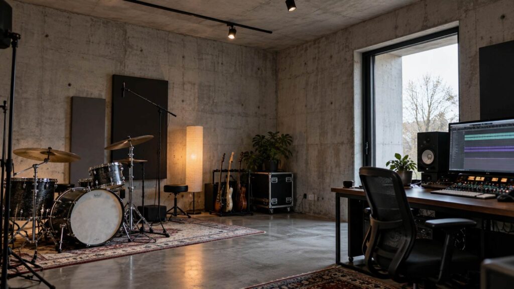 Drywall, Brick, or Concrete: Which Walls Sound Best in a Recording Studio? Recording studio with exposed concrete walls, drum kit, and mixing equipment
