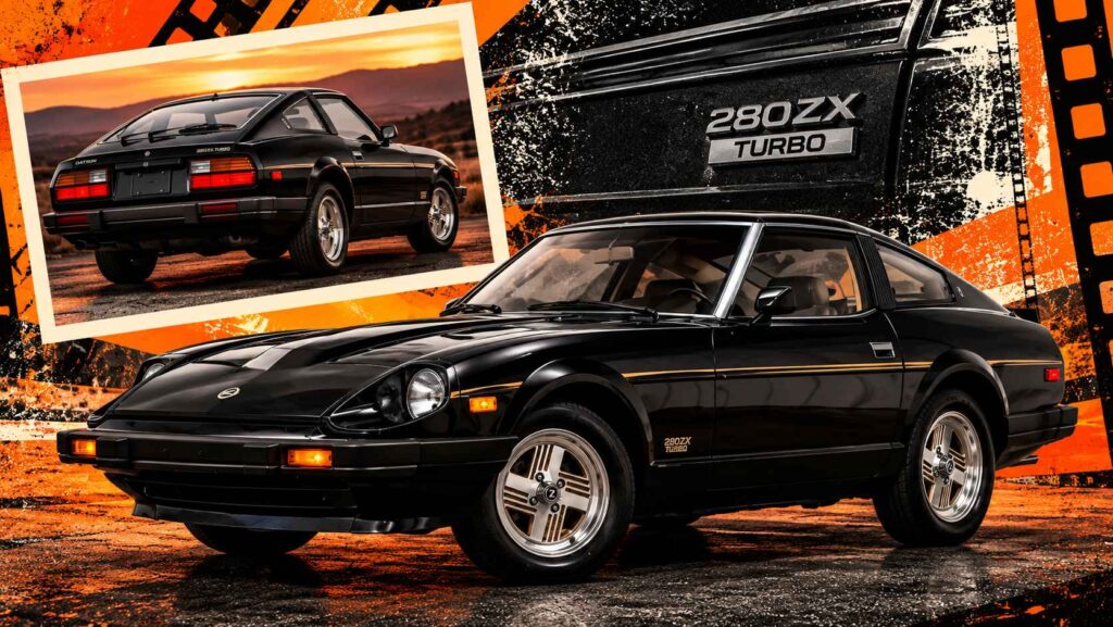 8 Future Classic Cars Worth Buying Before Prices Start Rising Black Datsun 280ZX Turbo featured in a retro orange and black automotive collage.