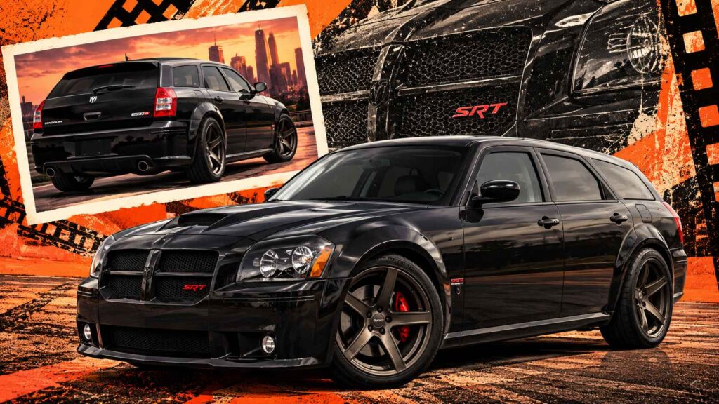 8 Future Classic Cars Worth Buying Before Prices Start Rising Black Dodge Magnum SRT-8 featured in a retro orange and black automotive collage.