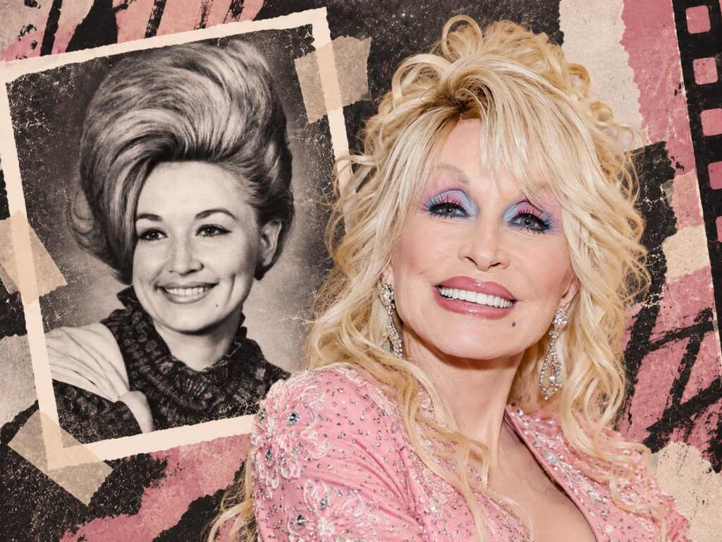7 Celebrities Who Actually Look Better After Plastic Surgery Editorial collage of young and older Dolly Parton featuring vintage and modern portraits.