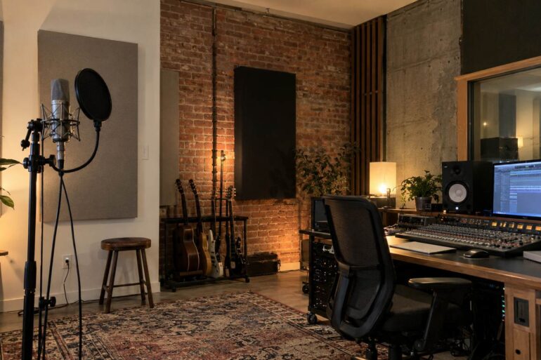 Recording studio with drywall, brick, and concrete walls