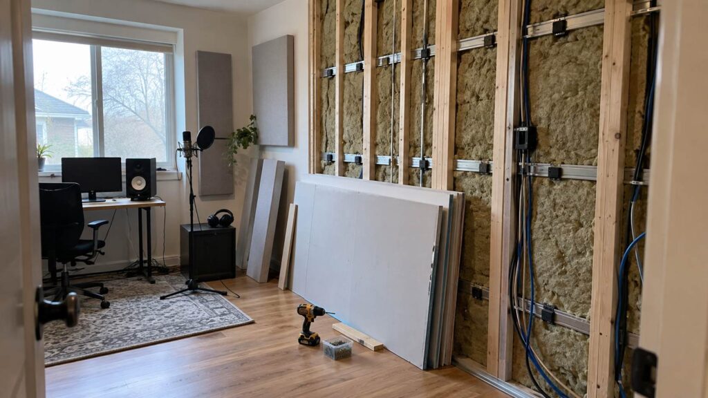 Drywall, Brick, or Concrete: Which Walls Sound Best in a Recording Studio? Recording studio wall with exposed framing, insulation, and drywall panels