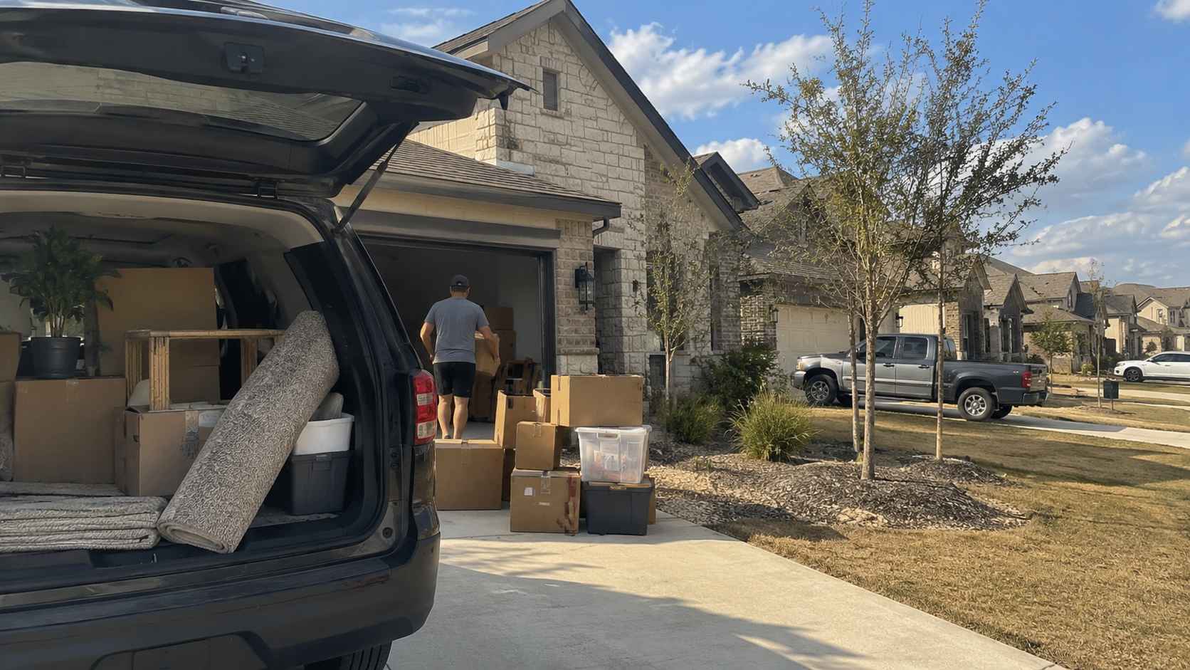 SUV loaded with moving boxes outside a suburban Texas home as a man carries belongings into the garage.