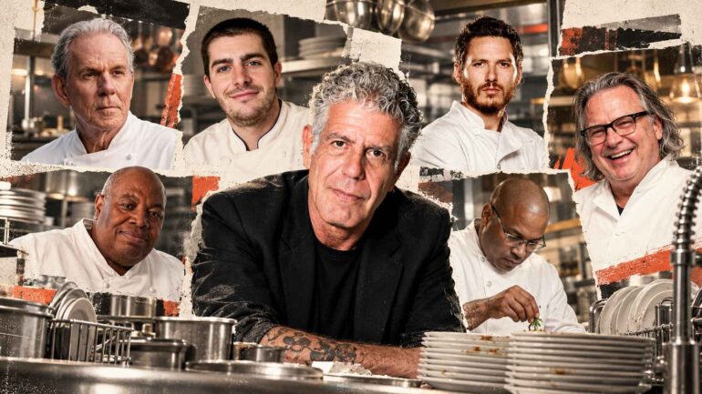 Collage of Anthony Bourdain, Thomas Keller and five other famous chefs in a professional kitchen setting.