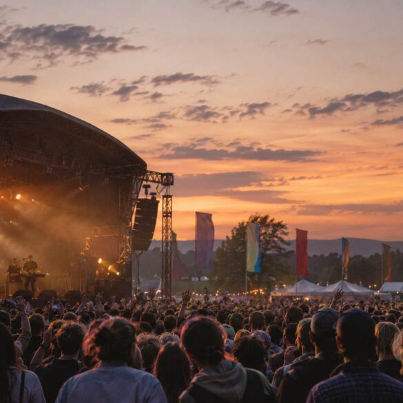 From London to Glasgow, 12 UK Music Festivals Still Ahead in 2026 Crowd watching a live music festival at sunset in the UK