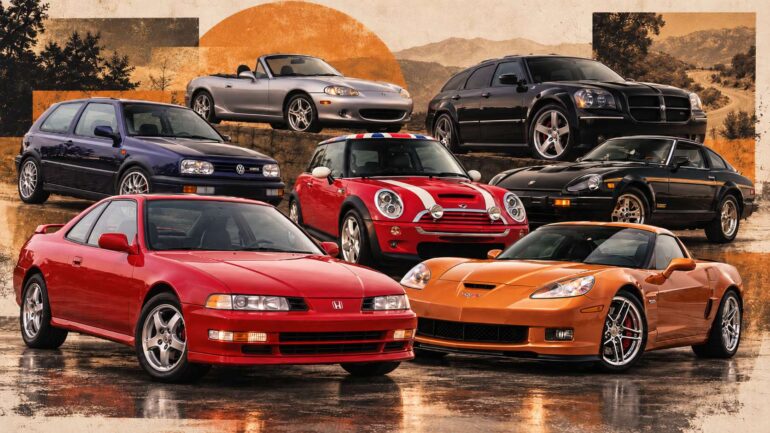 Editorial collage of future classic cars, including Honda Prelude, Mini Cooper S, Corvette Z06, Mazda Miata, and other collectible models.