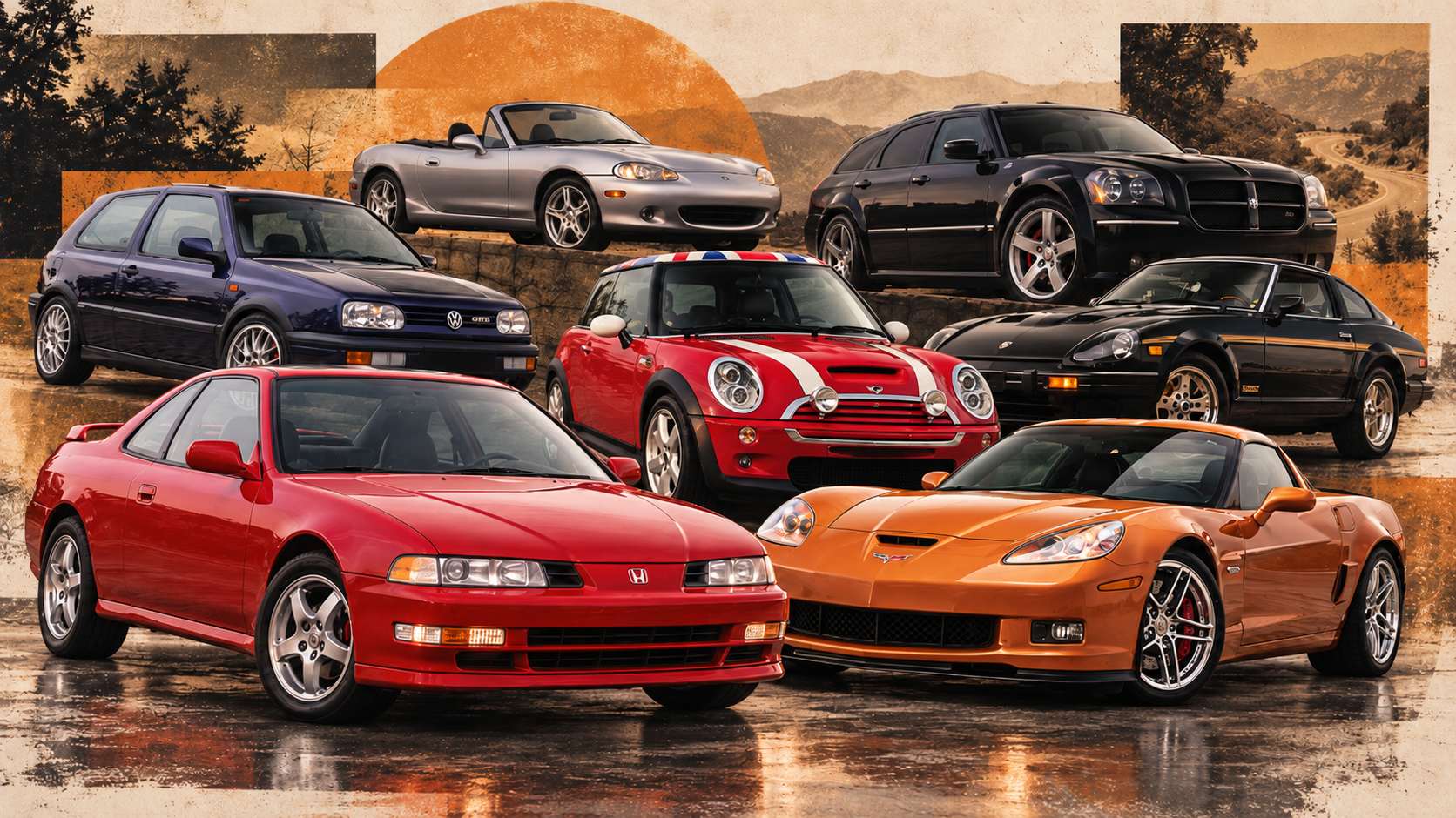 Editorial collage of future classic cars, including Honda Prelude, Mini Cooper S, Corvette Z06, Mazda Miata, and other collectible models.