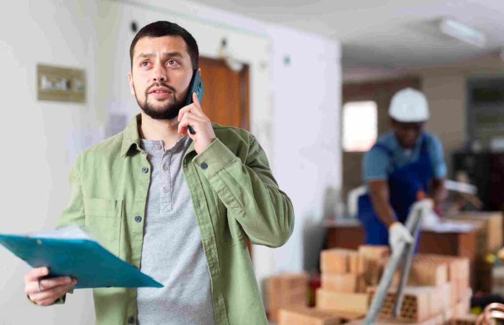Seattle Housing Market 2026, Is Now a Better Time to Buy a House? Homeowner speaking on the phone while a contractor performs maintenance work inside a house.