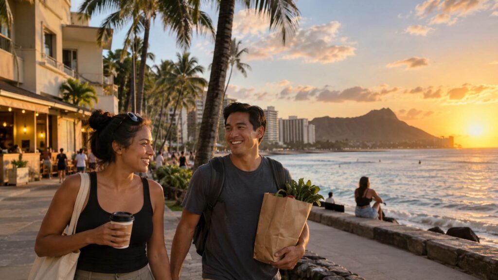 US States Ranked by Work-Life Balance, Where Are People Happiest? Couple walking along Waikiki Beach in Honolulu at sunset, with Diamond Head in the background.